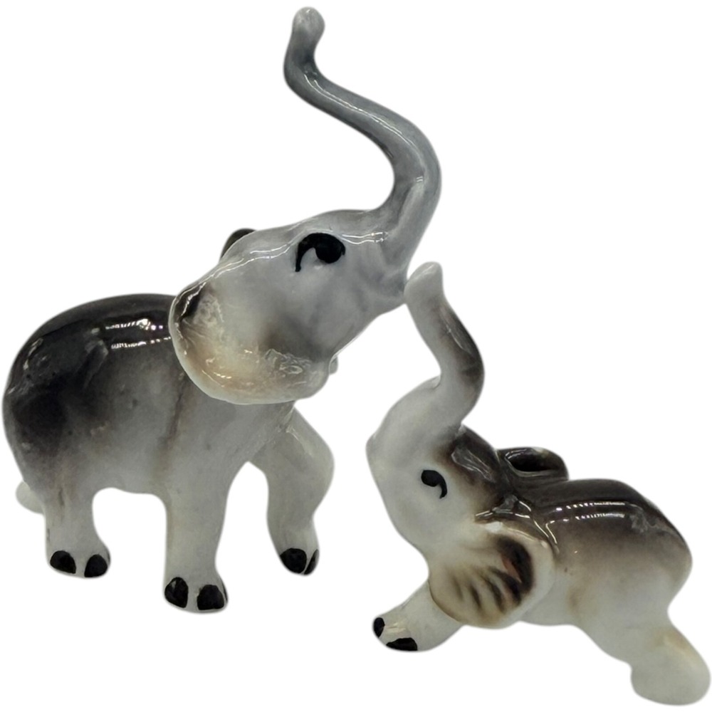 Unbranded Miniature Ceramic Elephant Figurines Set of 2 Grey White Vintage Decor
